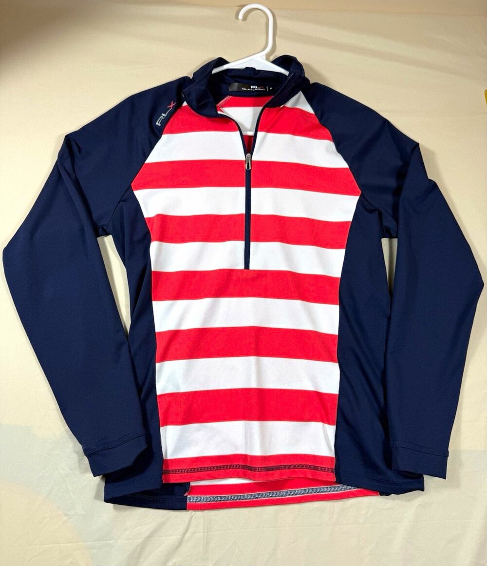 RLX Ralph Lauren Womens M Golf Pullover Striped Nautical Resortwear 1/4 Zip Top